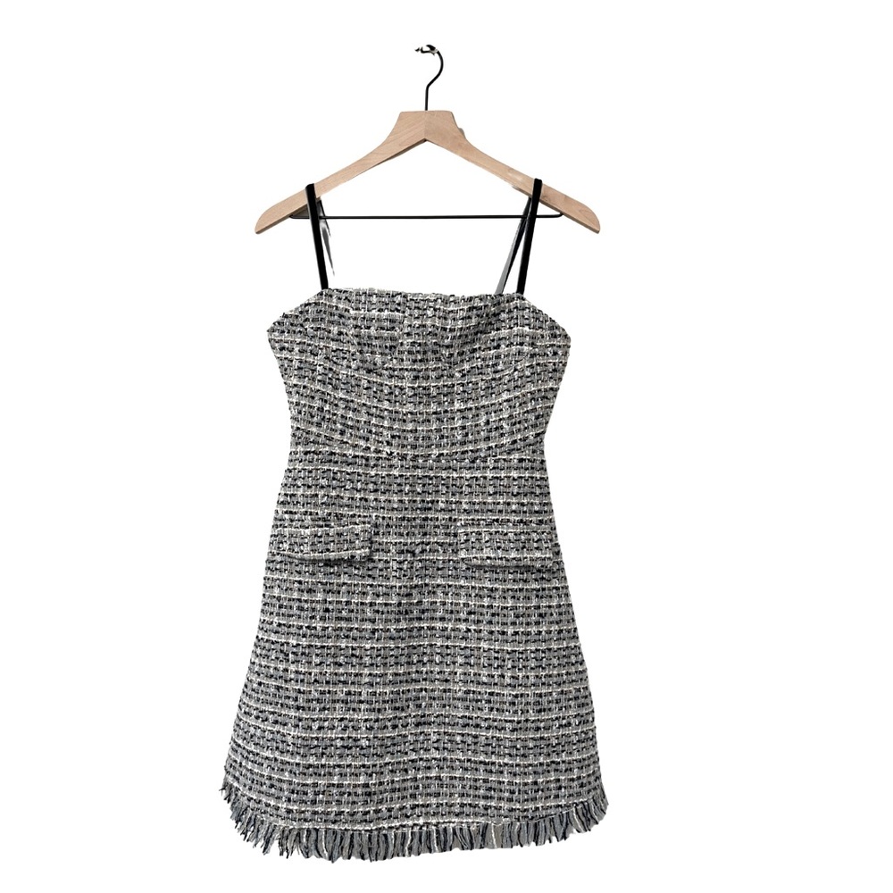 Avantlook Multi Blue Tan Gold Metallic Tweed Frayed Dress Size Small